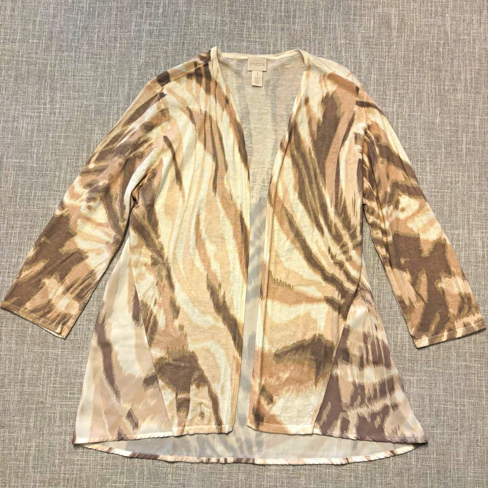 Chico's Open Front Knit Chiffon Cardigan Beige/Brown/White Size 1 Flowy Comfort